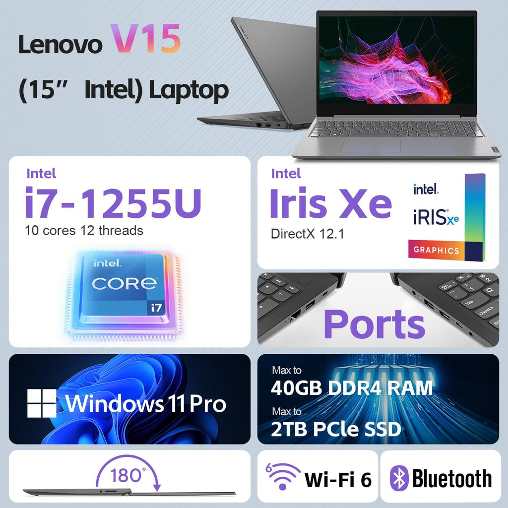 Lenovo V15 Laptop for Business, Home, Student | 15.6' FHD Anti-Glare Display | Intel Core i7-1255U | 40GB RAM | 2TB SSD | HDMI | Type-C | RJ-45 | Numeric Keypad | Webcam | Wi-Fi 6 | Windows 11 Pro