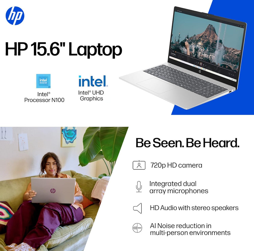 HP 15.6' Laptop, 4-core Intel Processor N100, 1-Year Microsoft 365, 8GB RAM 128GB UFS, Type-C HDMI WiFi 6 Bluetooth, Win 11 H, w/128GB Portable SSD to USB