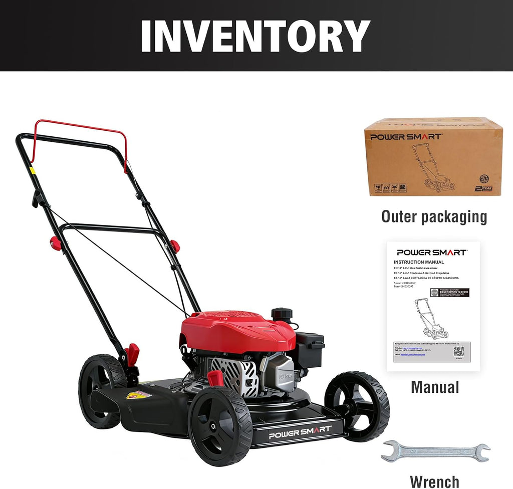 PowerSmart EasyCut 18' 144cc Gas Lawn Mower, Heavy-Duty Steel Deck, Side Discharge, 5-Position Height Setting, 2-in-1 Walk-Behind Push Mower with Side Discharge