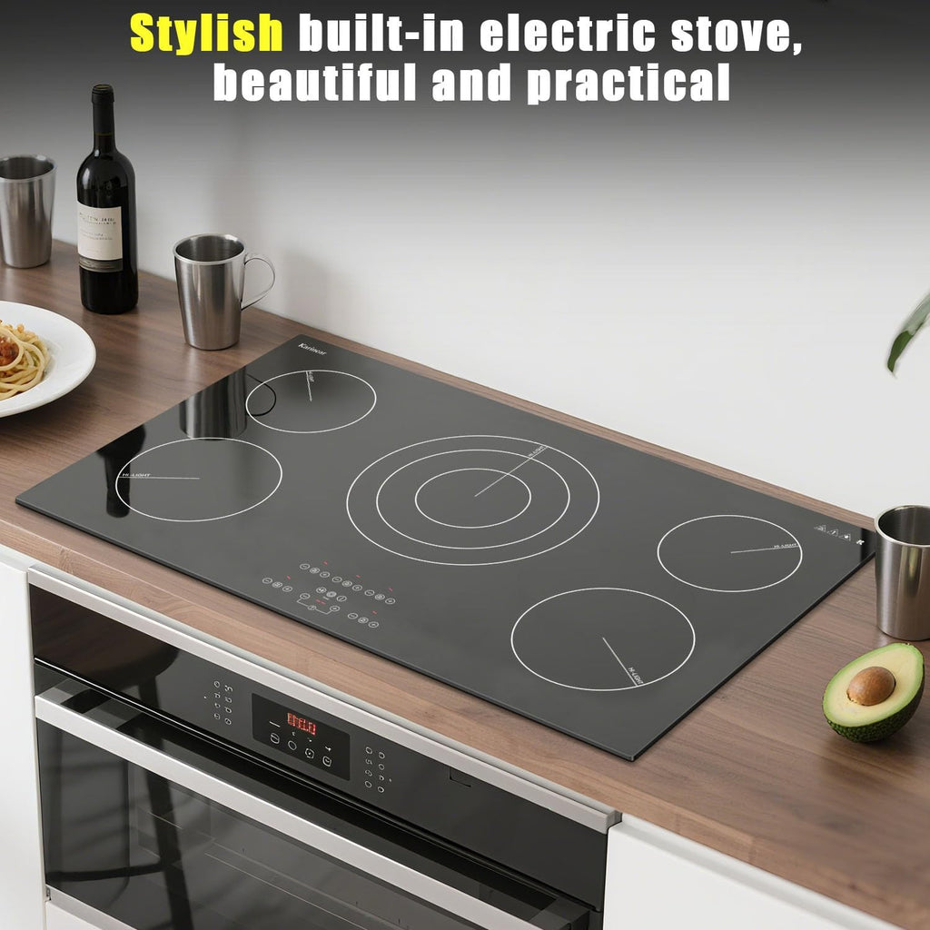 Karinear Electric Cooktop 36 Inch, Upgrade Sensor Touch 5 Burners Electric Stove Top, Built-in Ceramic Cooktop, Pause, Timer, Safety Lock, Triple Ring Expandable Burner,9400W, 220V