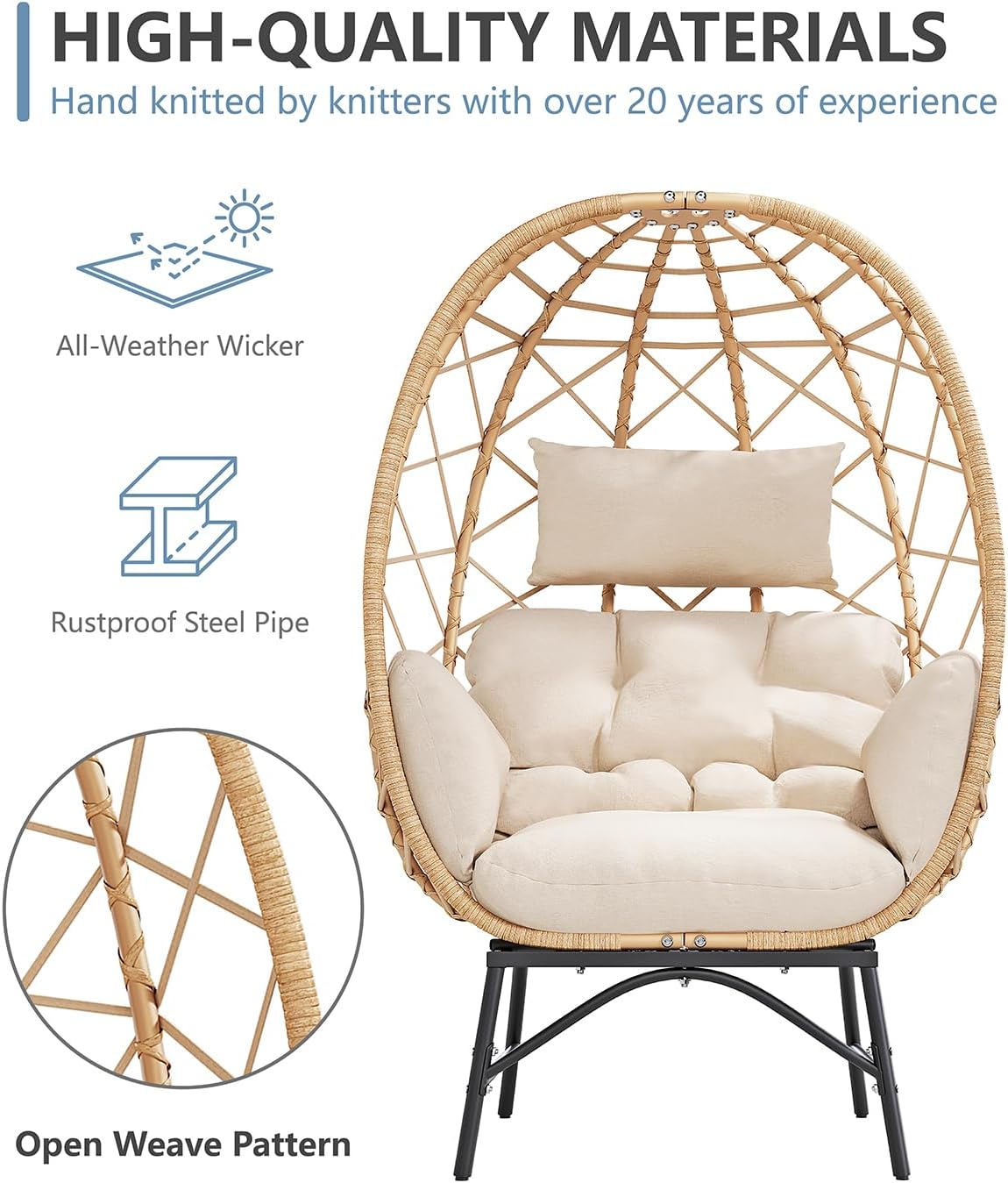 SWITTE Wicker Egg Chair Outdoor, Oversized Patio Lounge Chairs with Cushion for Indoor Living Room, Bedroom, Outside Backyard Balcony-Beige