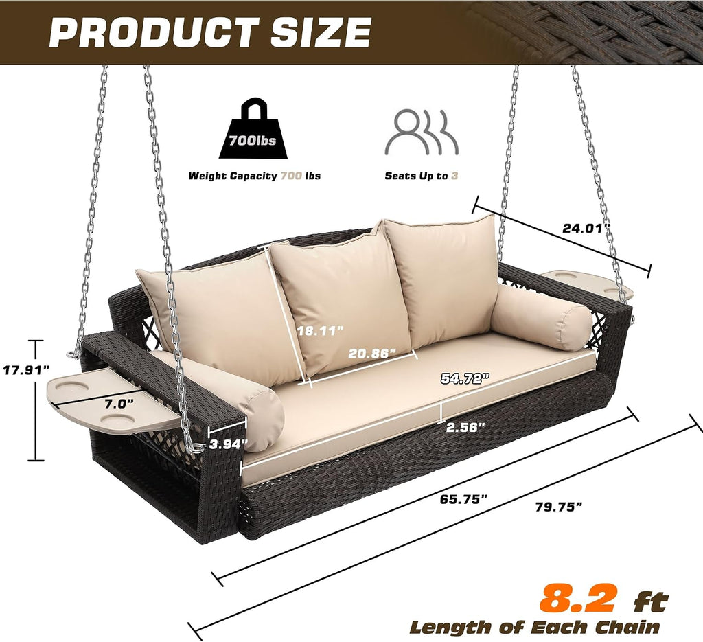 Grepatio 3 Person Porch Swing Patio Wicker Hanging Porch Swing Chair Outdoor Rattan Swing Bench with Cushion and Pillow for Garden, Yard, Lawn (Brown Rattan Khaki Cushion)