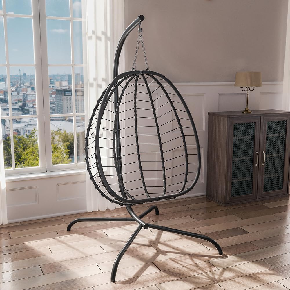 Kurapika Egg Swing Chair Indoor Outdoor Patio Wicker Rattan Hanging Egg Chair with Stand, Hammock Swing with Cushioned Headrest, 350LB Capacity for Bedroom, Balcony, Garden (Navy Blue)