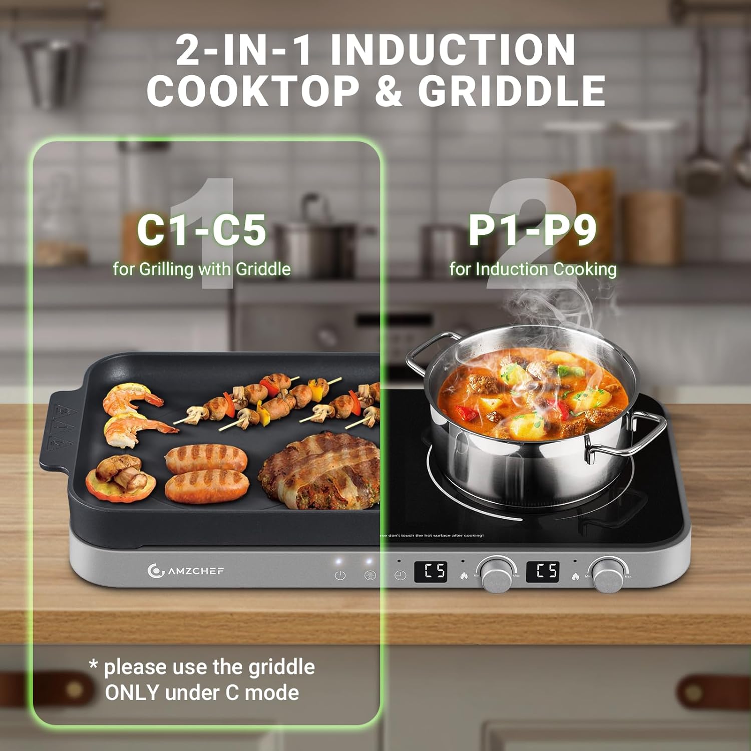 AMZCHEF Double Induction Cooktop with Removable Iron Cast Griddle Pan & AMZCHEF Portable Induction Cooktop