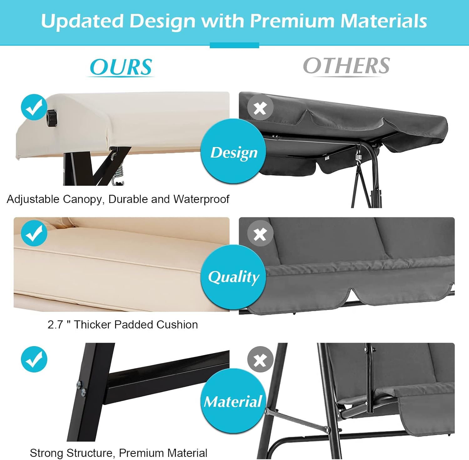 AECOJOY Outdoor Patio Swing Chair for Adults, 2-Seat Porch Swings with Adjustable Canopy, Outside Swing Bench with Removable Cushion, Suitable for Backyard, Garden, Yard, Poolside, Balcony (Beige)