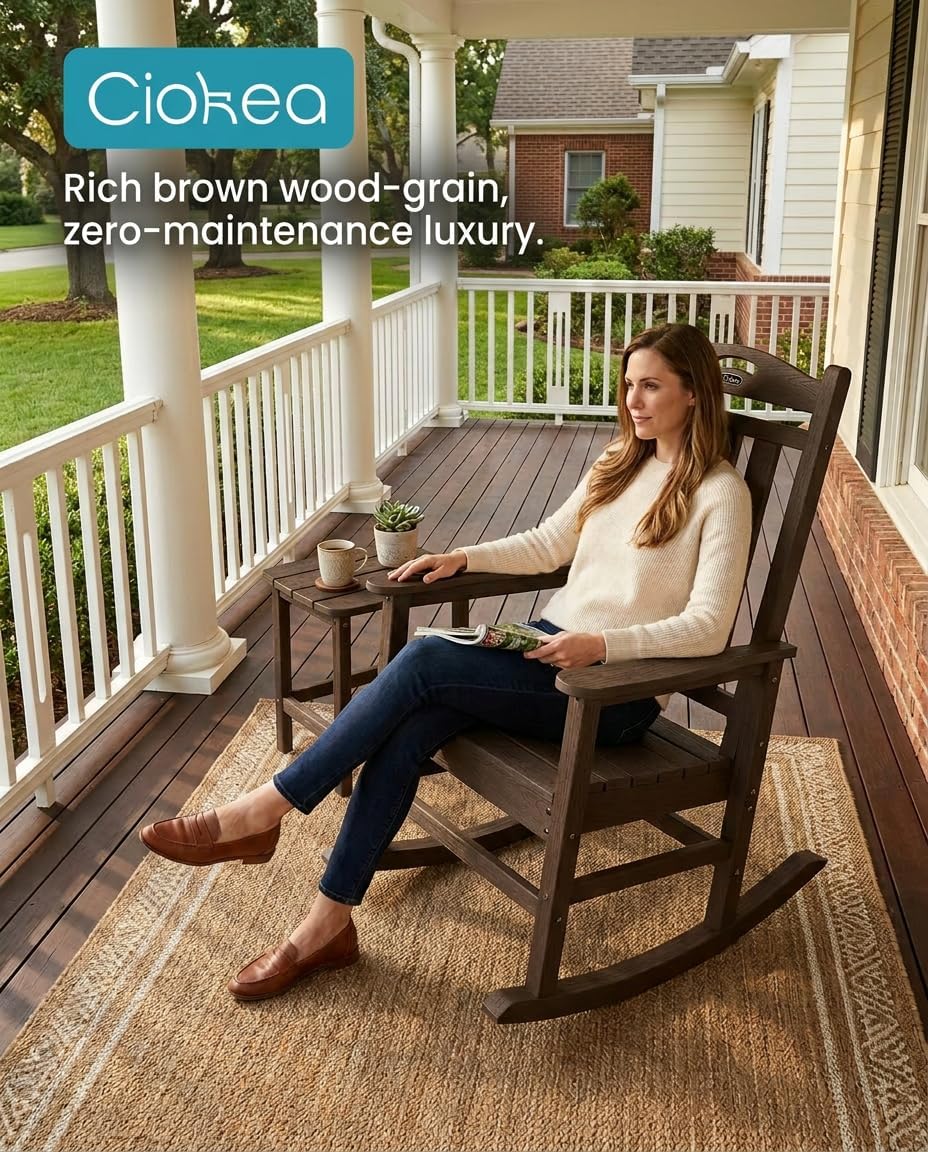 Ciokea Oversized Outdoor Rocking Chairs Set of 2, 380lbs Heavy-Duty Large Patio Rocker, High Back Cozy Porch Chairs, Weather Resistant Patio Rocking Chairs for Outside, Fire Pit, Deck, Brown