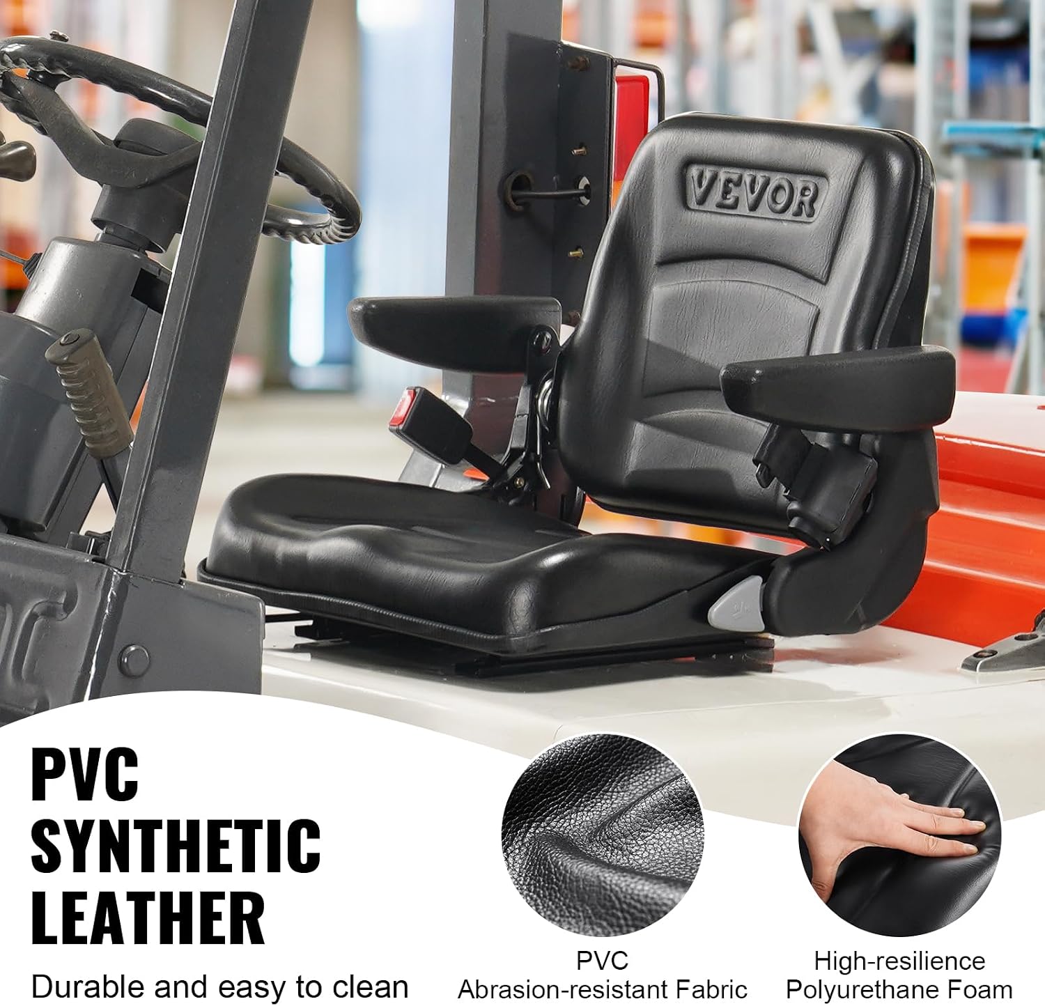 VEVOR Fold Down Tractor Seat with Adjustable Angle Back, Micro Switch, Seatbelt and Armrests, 6.3-13.4 inch Slot Seat for Loader, Excavator