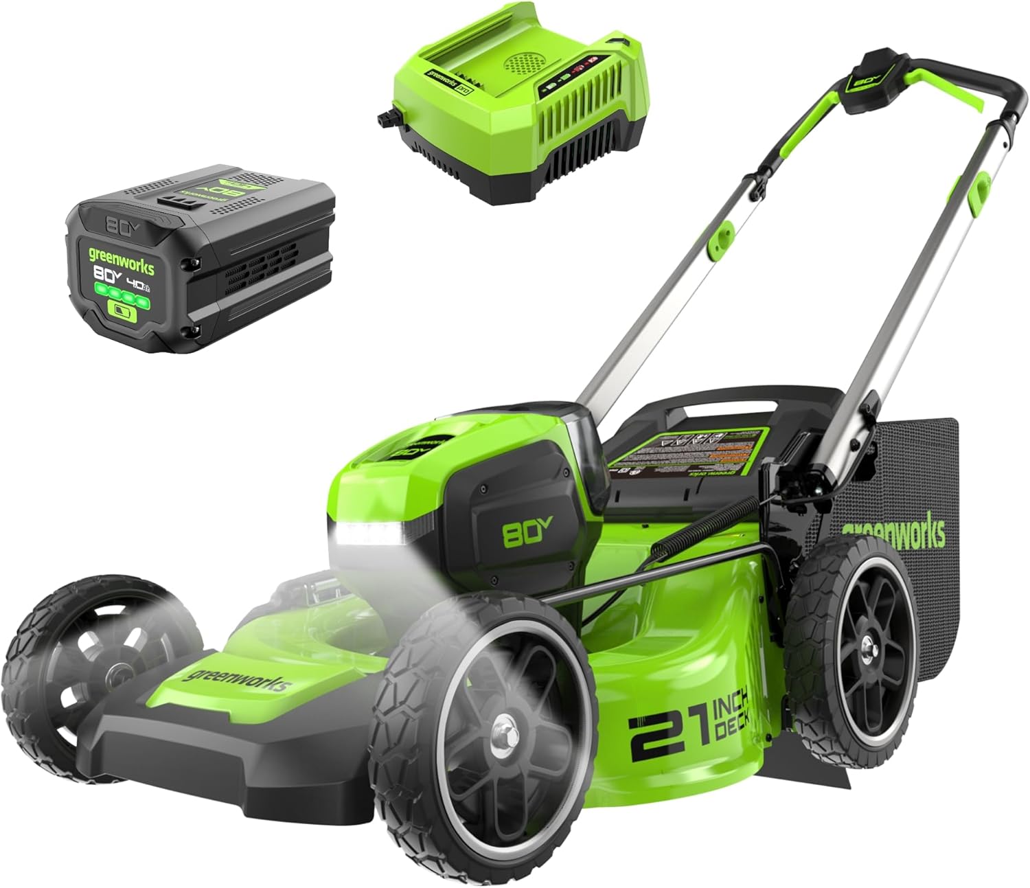 Greenworks 80V 21' Cordless Push Lawn Mower – Brushless Motor, LED Lights, 4.0Ah Battery & Rapid Charger (75+ Compatible Tools)