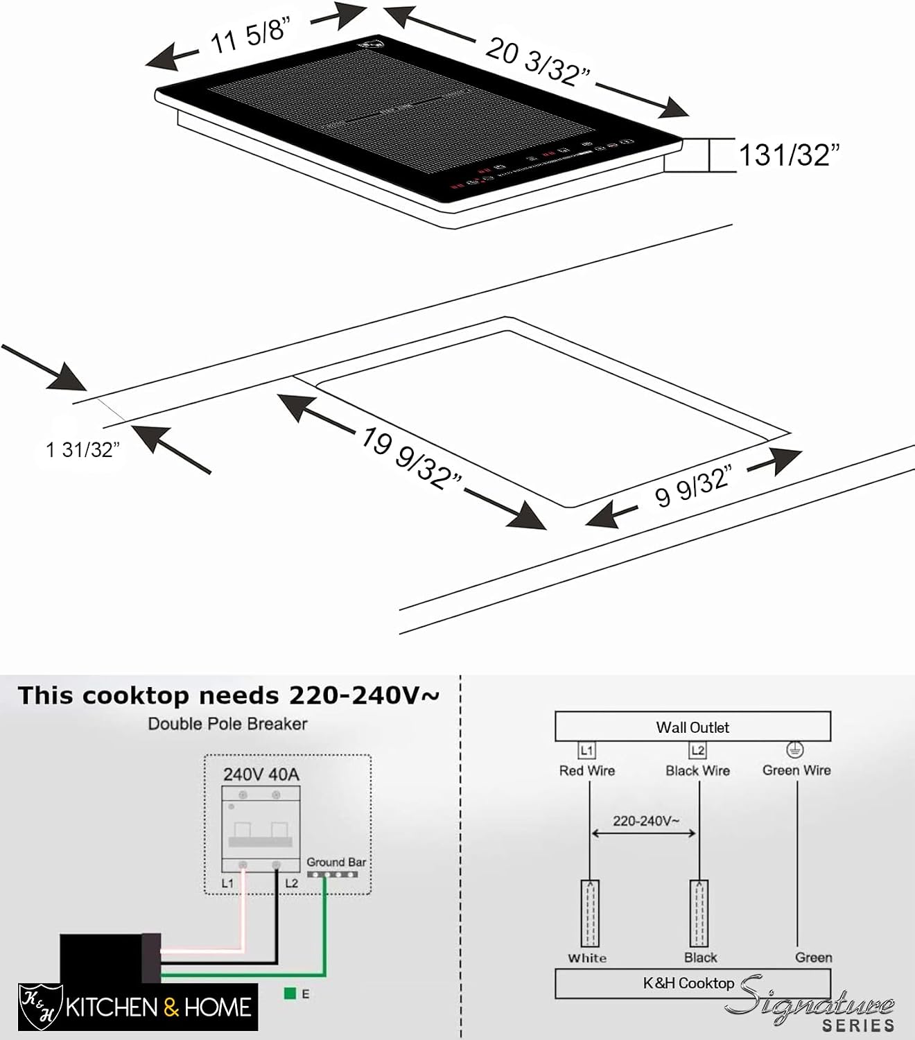 K&H SIGNATURE SERIES 2 Burner 12 Inch Built-in FLEX Electric Stove Top Ceramic Cooktop 220V 3400W IN12-3400FLX