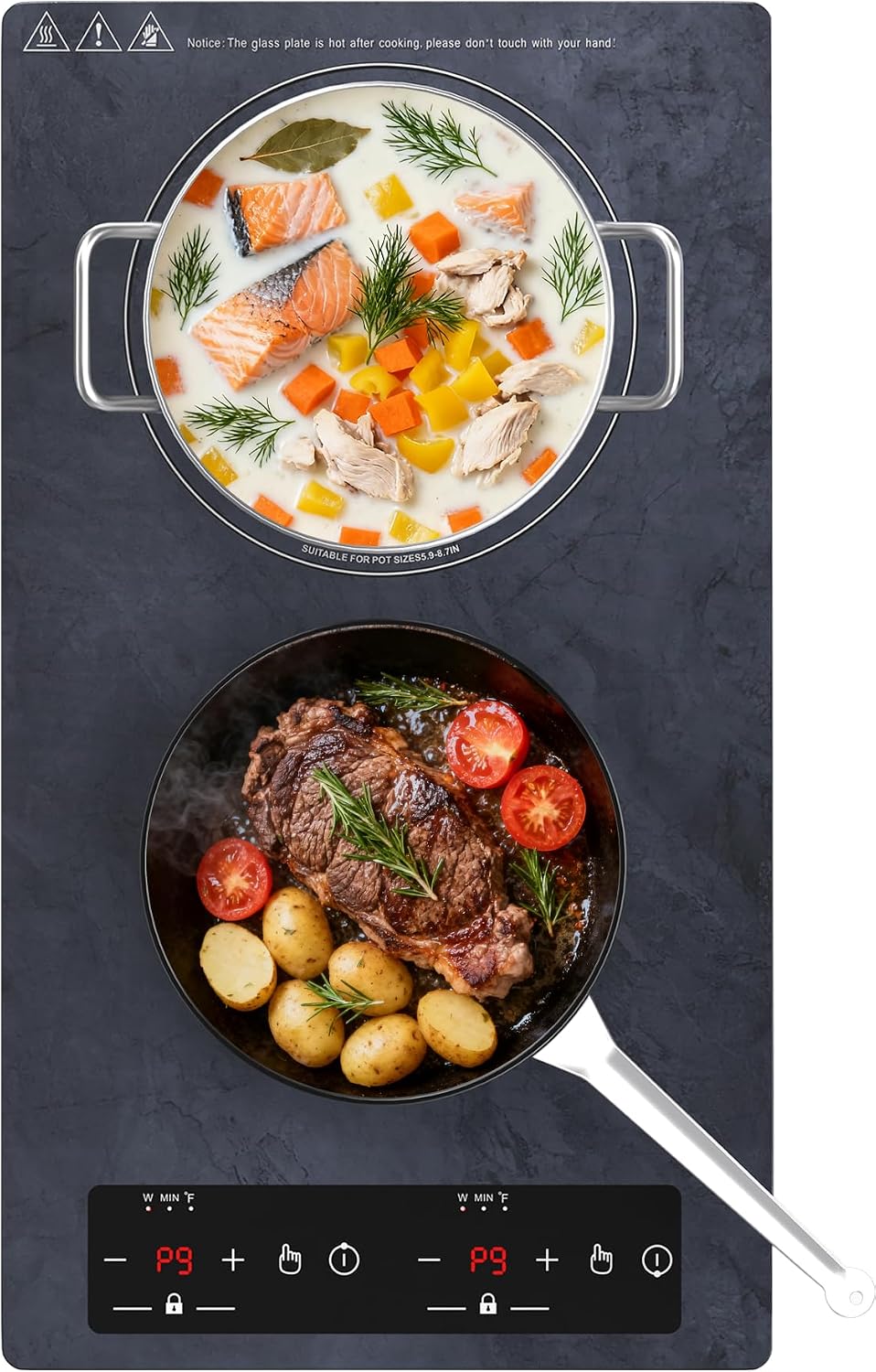 Double Induction Cooktop Portable Electric Cooktop 12 Inch, 110V Induction Burner Hot Plate with Safety Lock, Auto Shutoff Timer Setting, 9 Heating Level and Overheating Protection