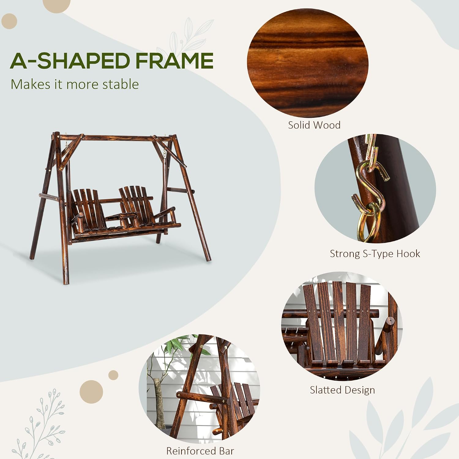 Outsunny Wooden Porch Swing with Stand, 2-Seat Patio Swing Chair with Center Table, for Garden, Poolside, Backyard
