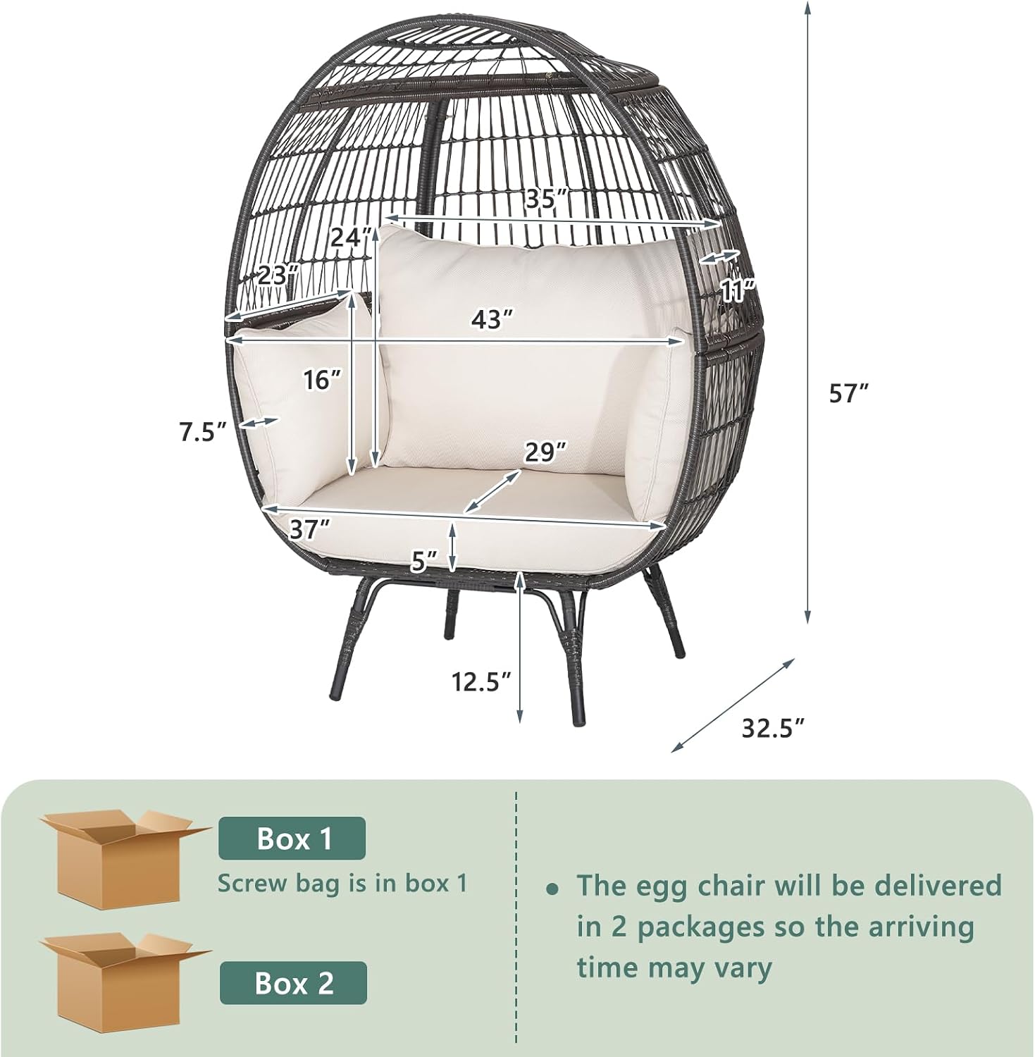 Tangkula Oversized Wicker Egg Chair, Stationary Patio Lounge Basket w/ 4 Soft Cushions, Stable Metal Frame, Gorgeous Indoor Outdoor Lounge Chair, Ideal for Living Room, Backyard, 450 LBS Max Load