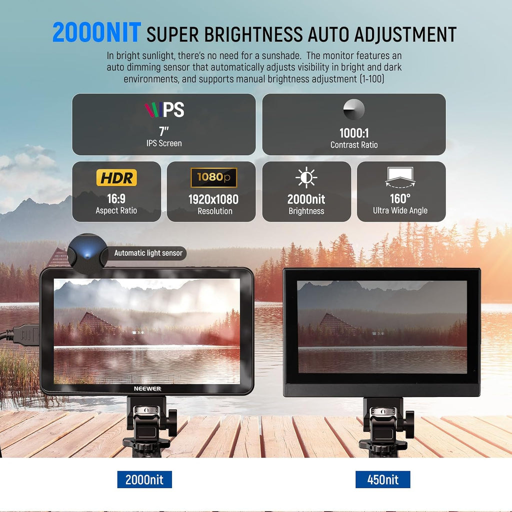NEEWER F700 7' Camera Field Monitor, 2000nit HD 1920x1080 IPS Touch Screen with 3D LUT, 4K HDMI Loop in/Out with Peak Focus DSLR Video Assist HDR Waveform, Cold Shoe Mount, Battery Not Included