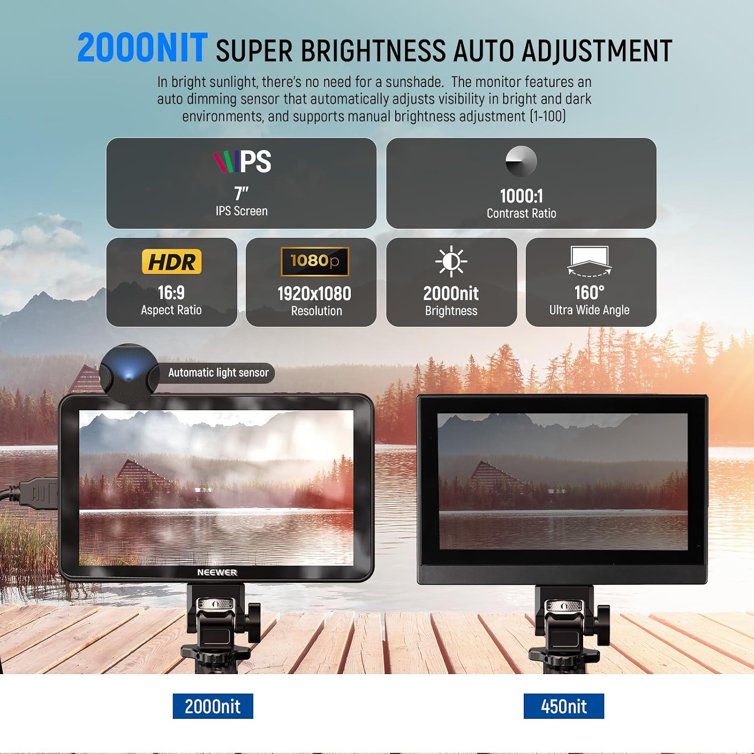 NEEWER F700 7' Camera Field Monitor, 2000nit HD 1920x1080 IPS Touch Screen 3D LUT, 4K HDMI Loop in/Out Peak Focus DSLR Video Assist HDR Waveform, Cold Shoe Mount, 2 NP-F750 Batteries, Cleaning Cloth