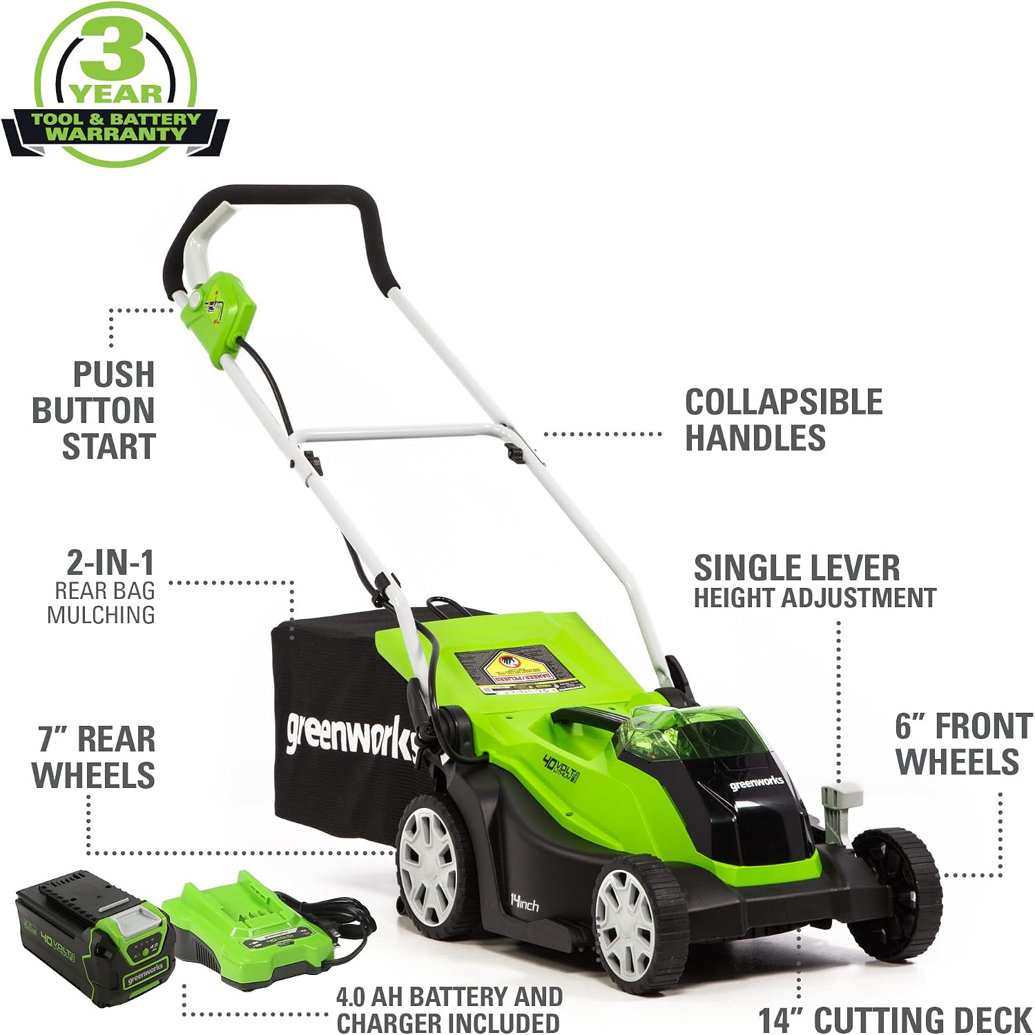 Greenworks 40V 14' Cordless (Push) Lawn Mower (75+ Compatible Tools), 4.0Ah Battery and Charger Included