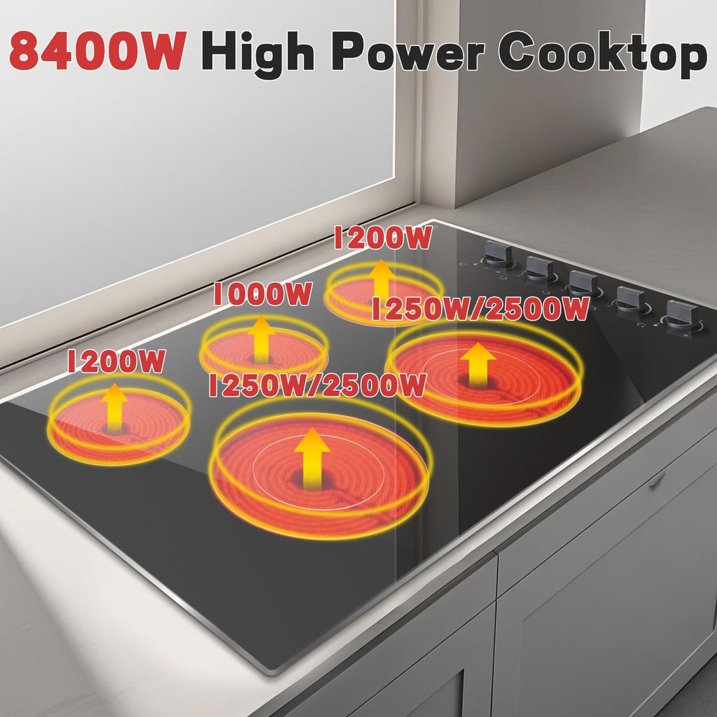 Noxton 36 Inch 5 Burners Electric Cooktop, Built-in 36' Radiant Electric Ceramic Stove Top with Glass Protection Metal Frame,Knob Control, Hot Surface Indicator, 220-240v, No Plug, Hard Wire