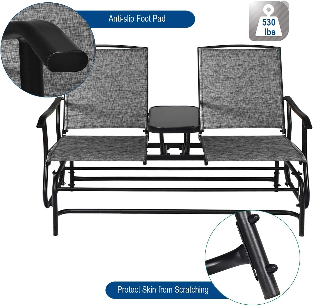 Giantex Patio Bench Glider Chair with Metal Frame, Center Tempered Glass Table, Outside Double Rocking Swing Loveseat for Porch, Garden, Poolside, Balcony, Lawn Rocker Outdoor Glider Bench(Gray)