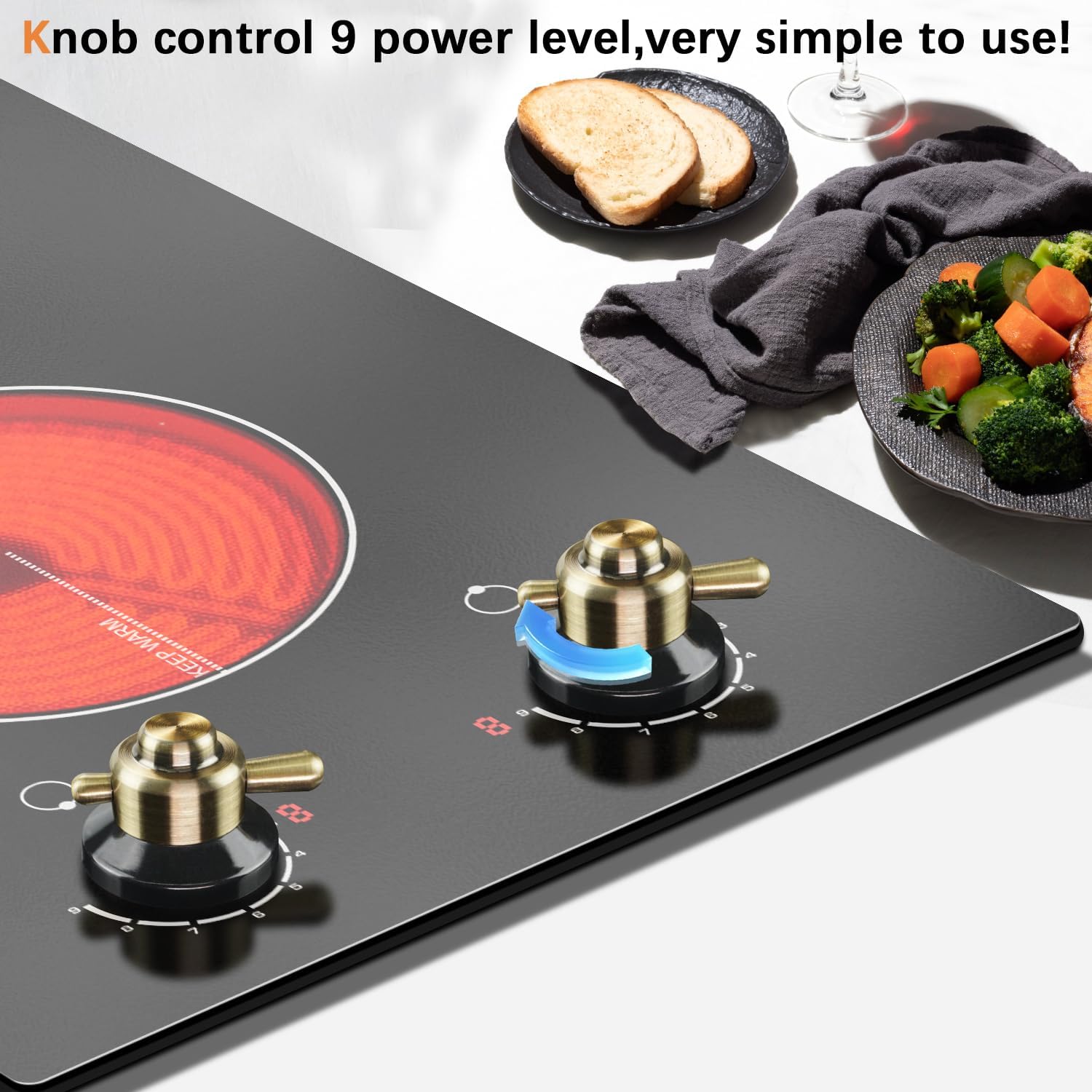 Karinear 110V Electric Cooktop 2 Burners Electric Stove 12 Inch Knob Control Countertop & Built-in Ceramic Cooktop, 9 Heating Level, Hot Warning, Over-Temperature Protection(Gold Knob)