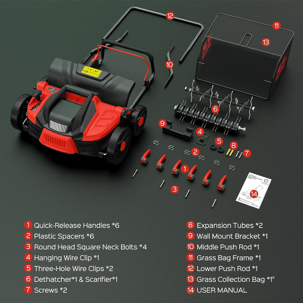 TIECTOWN 16-Inch 15.5 Amp 2-in-1 Electric Dethatcher and Scarifier with 14.5-Gallon Collection Bag, Lawn Dethatcher with 5-Position Depth Adjustment, Blade Replacement Without Tool - Red