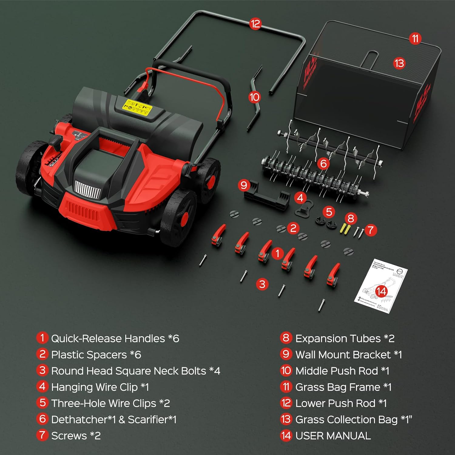 TIECTOWN 16-Inch 15.5 Amp 2-in-1 Electric Dethatcher and Scarifier with 14.5-Gallon Collection Bag, Lawn Dethatcher with 5-Position Depth Adjustment, Blade Replacement Without Tool - Red