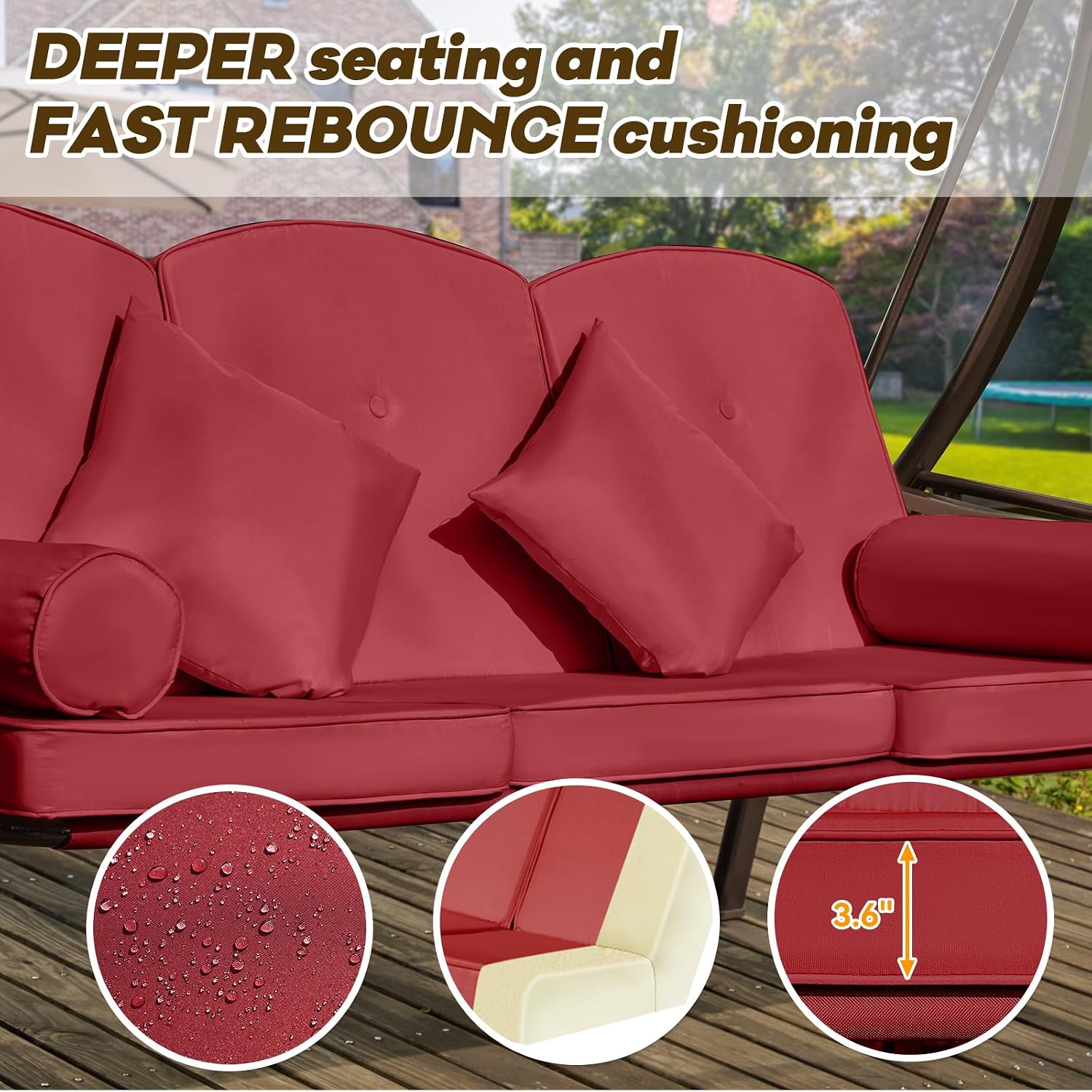 3 in 1 Outdoor Porch Swing with Adjustable Canopy, 3 Seat Outdoor Swing for Adults, Patio Swing Chair with Thickened Cushions,Pillows & Cup Holders for Backyard, Porch, Garden (Wine Red)