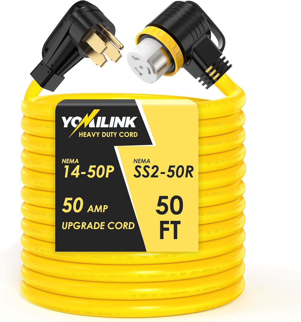 YOMILINK 50 Feet 50 Amp RV/Generator Cord, 100% Copper Wire, NEMA 14-50P to SS2-50R Twist Lock, Newly Designed 90°Grip Handle, 6/3+8/1 Gauge STW Wire