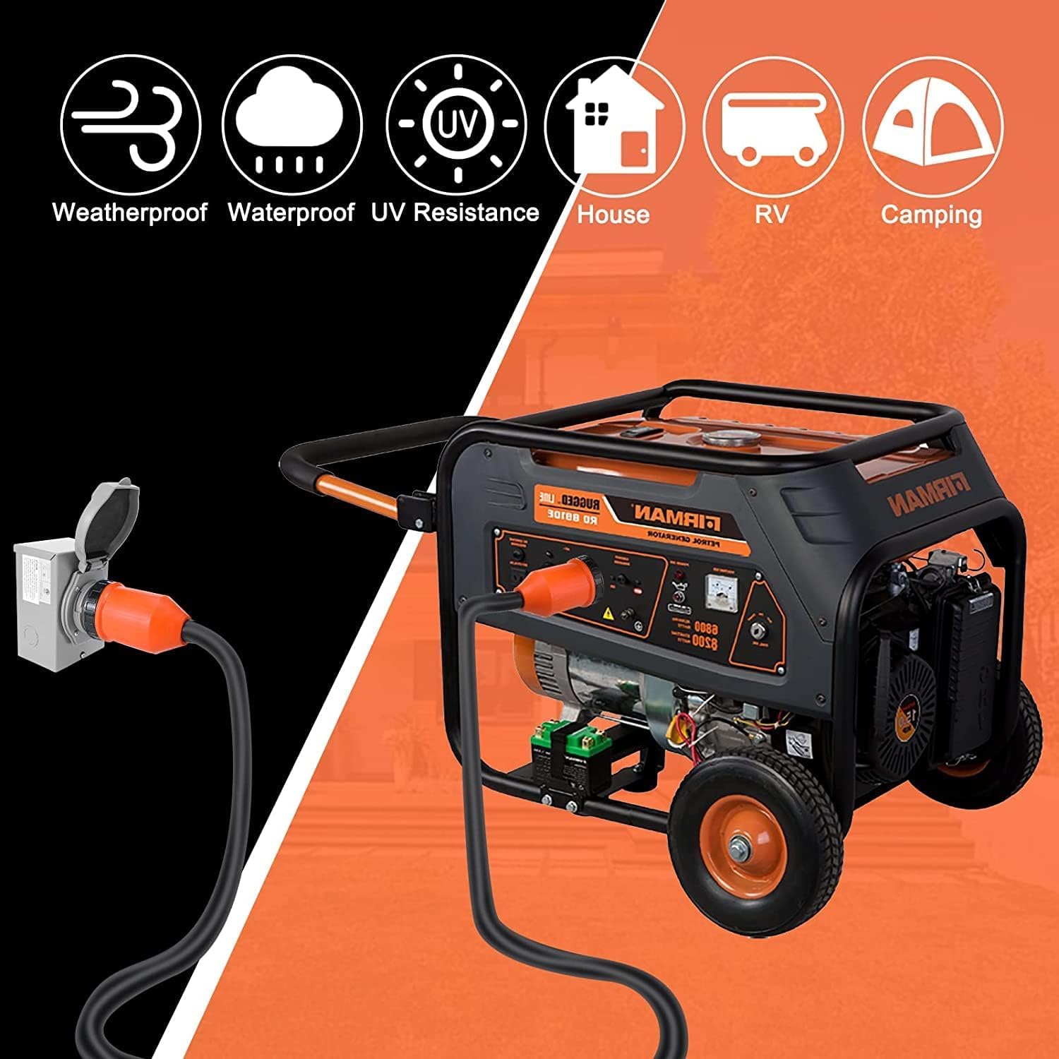 25 ft 50 Amp Generator Cord and Power Inlet Box Combo Kit,125/250 Volts,Generator Power Cord NEMA 14-50P to SS2-50R Extension Cord,for Home RV Backup Power Solution
