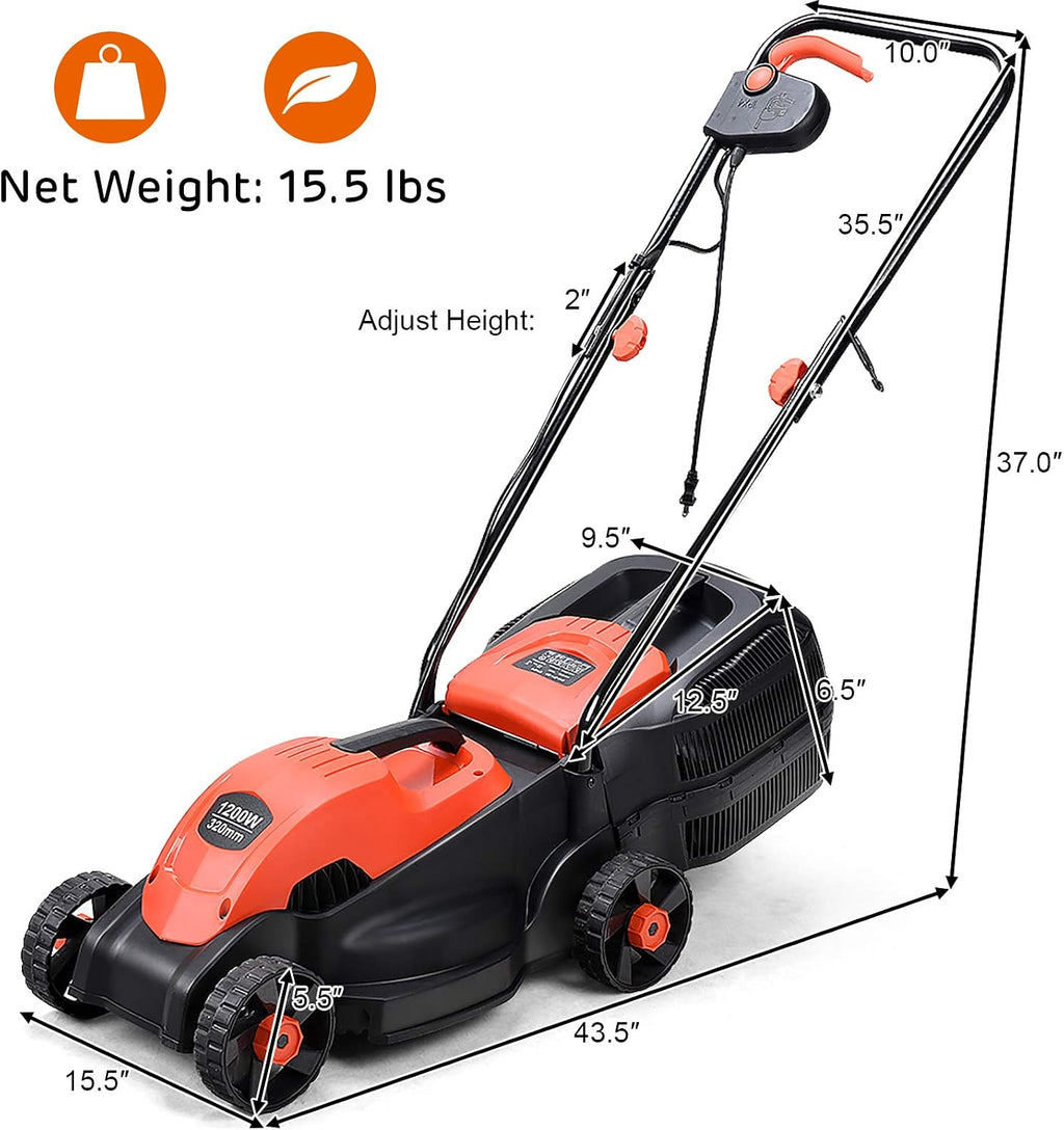 Happygrill Lawn Mower 13-Inch Electric Lawn Mower, Handle Push Corded Lawn Mowers with Grass Bag, Folding Handle, Adjustable Cutting Height for Garden Yard, 12 Amp,Red