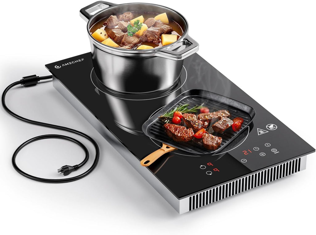 AMZCHEF Induction Cooktop 2 Burners, 12 Inch Bulit-in & Countertop Induction Stove with Plug 110V-120V, 9 Power Levels Electric Stove 1800W, Safety Lock, Timer, Touch Control for Fast Cooking