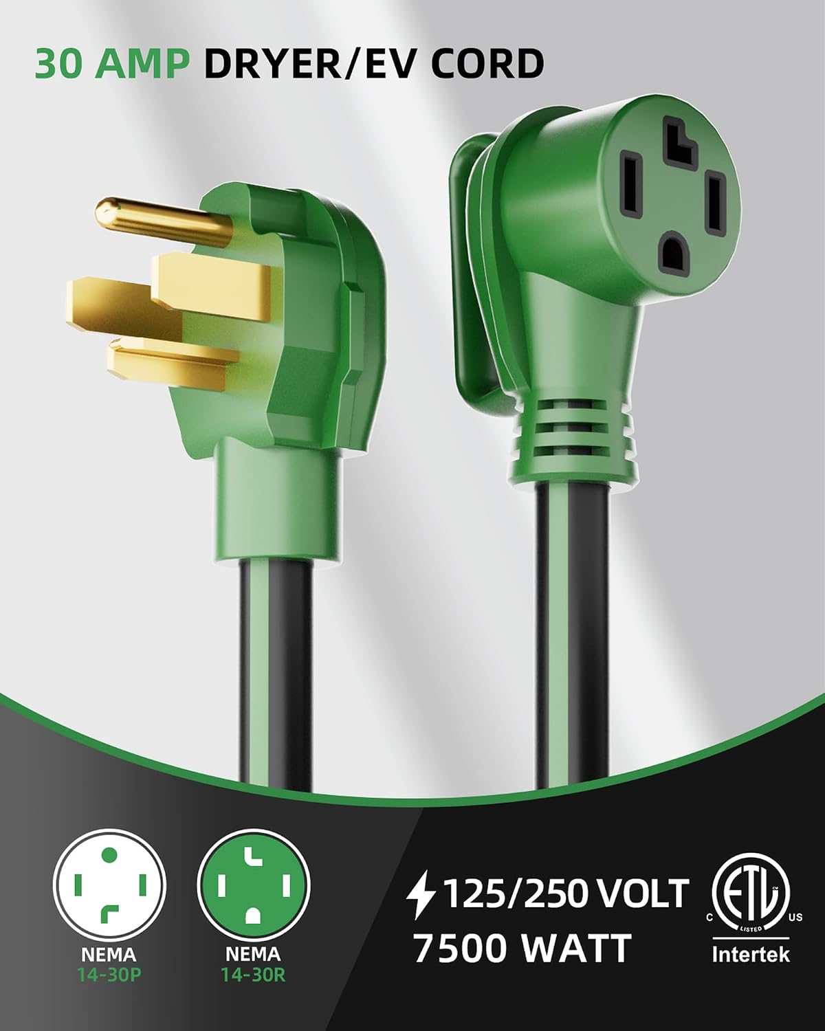 30-Amp 4-Prong Dryer EV Extension Cord, 50 Feet, NEMA 14-30P to 14-30R, 125V/250V Heavy Duty STW 10AWG/4, Use for Tesla Model 3/Y/X/S, Level 2 EV Charging & Dryer Power Extension, ETL Listed