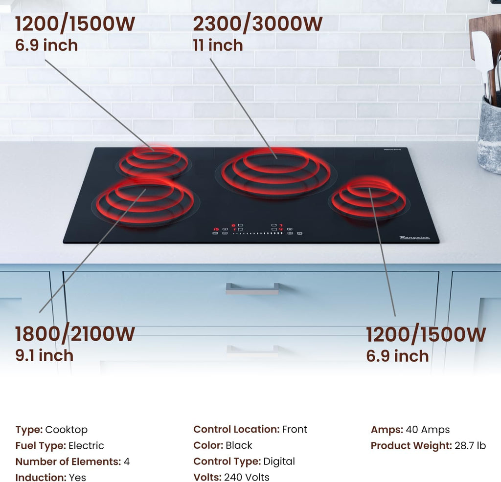 Rangaire RCI301S 30' Induction Cooktop, 8100W, 4 Burners, Built-in Stove Top, Booster & Timer, 9 Power Levels, Slide Touch Control, Child Safety Lock, 240V Hard Wire, Ceramic Surface
