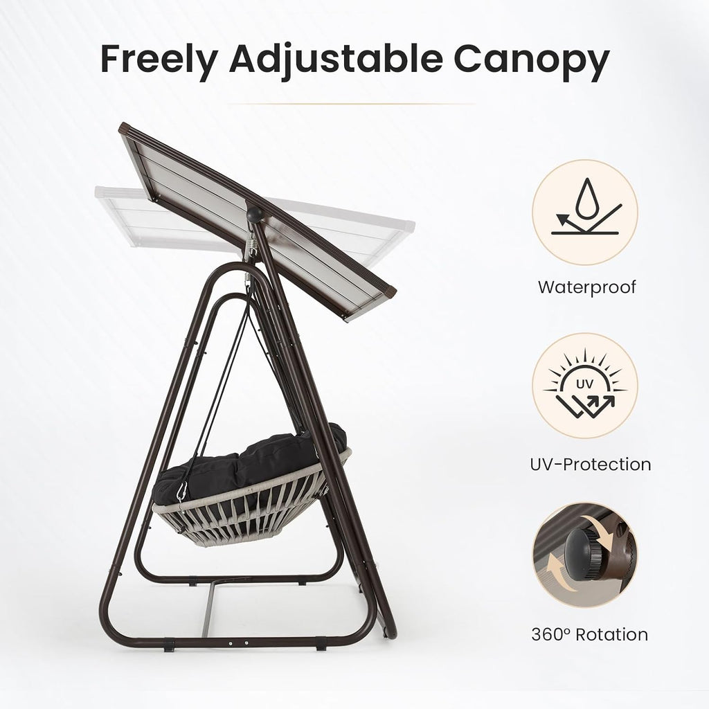2-Seat Outdoor Patio Porch Swing with Polycarbonate (PC) Canopy, All-Weather Outdoor Swing Chair with 4.7' Thick Cushion and Hand-Woven Rope, Heavy Duty Steel Frame for Patio, Garden, Black