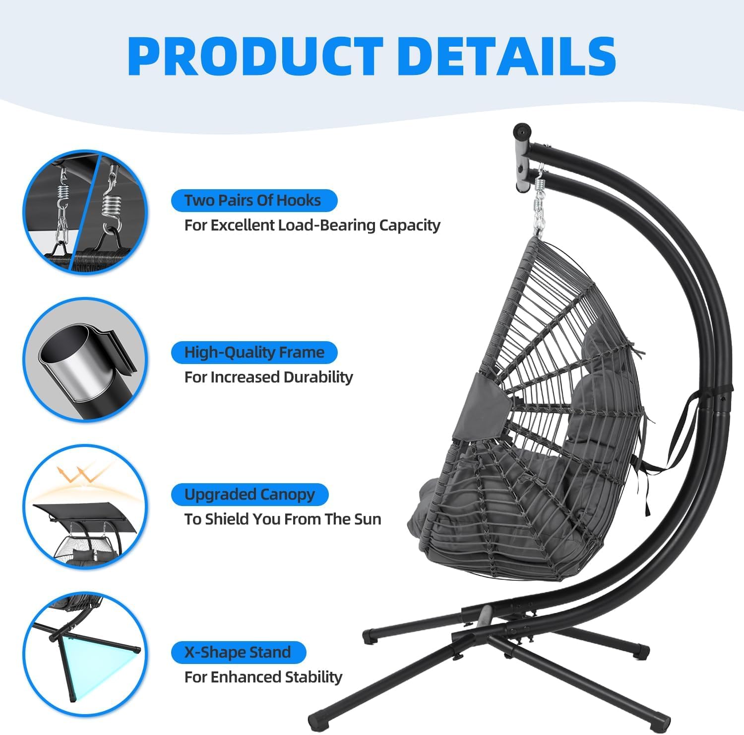 YOLENY Double Egg Chair with Adjustable Canopy, Oversized Hanging Swing Chair, Hammock Chair with Cushion Basket Hammock Nest Chair, Swinging Loveseat for Outdoor Patio, Balcony, Garden