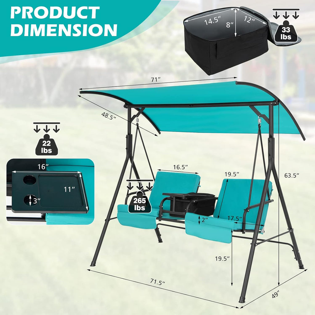 Tangkula 2 Person Porch Swing, Pivot Storage Table, Cooler Bag, 2 Cup Holders, Removable Cushions, Outdoor Patio Swing with Canopy for Backyard Balcony Poolside (Turquoise)