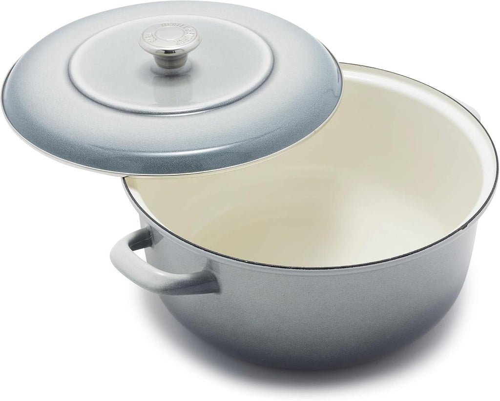 Merten & Storck 5.3QT Round Dutch Oven Casserole Pot with Lid, European Crafted Enameled Iron Stockpot, Induction & All Cooktops, Braising, Stews, Roasting, Slow Cooking, Sourdough, Cloud Gray