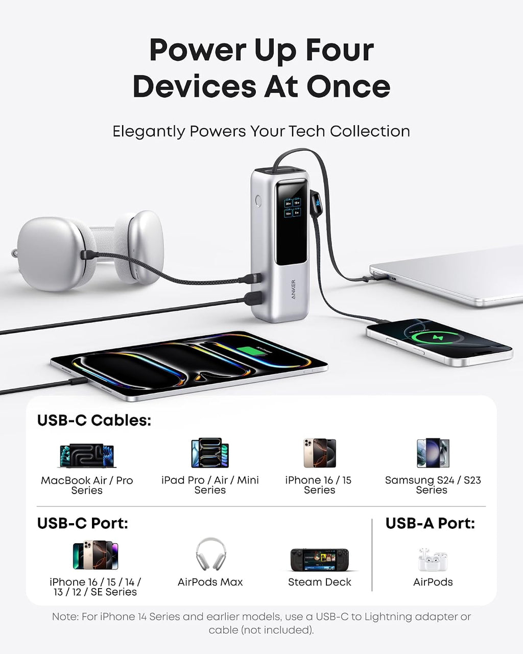 Anker Laptop Power Bank, 25,000mAh Portable Charger with Triple 100W USB-C Ports, Built-in Retractable Cables, Flight-Approved for Travel, iPhone 17/16 Series, MacBook, Samsung, and More
