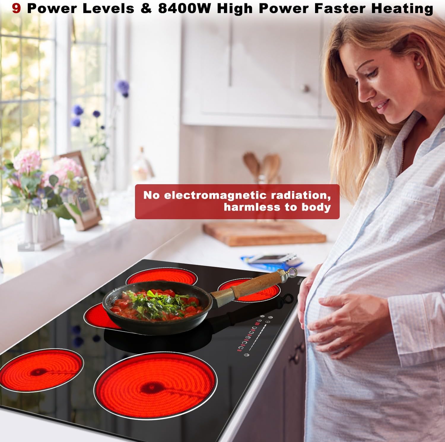 Noxton Electric Cooktop 30 Inch, 8400W 5 Burners Drop-in Radiant Electric Stove Top, Sensor Touch Control, 9 Power Levels, Child Safety Lock, Timer,40Amps 220-240V Hardwire