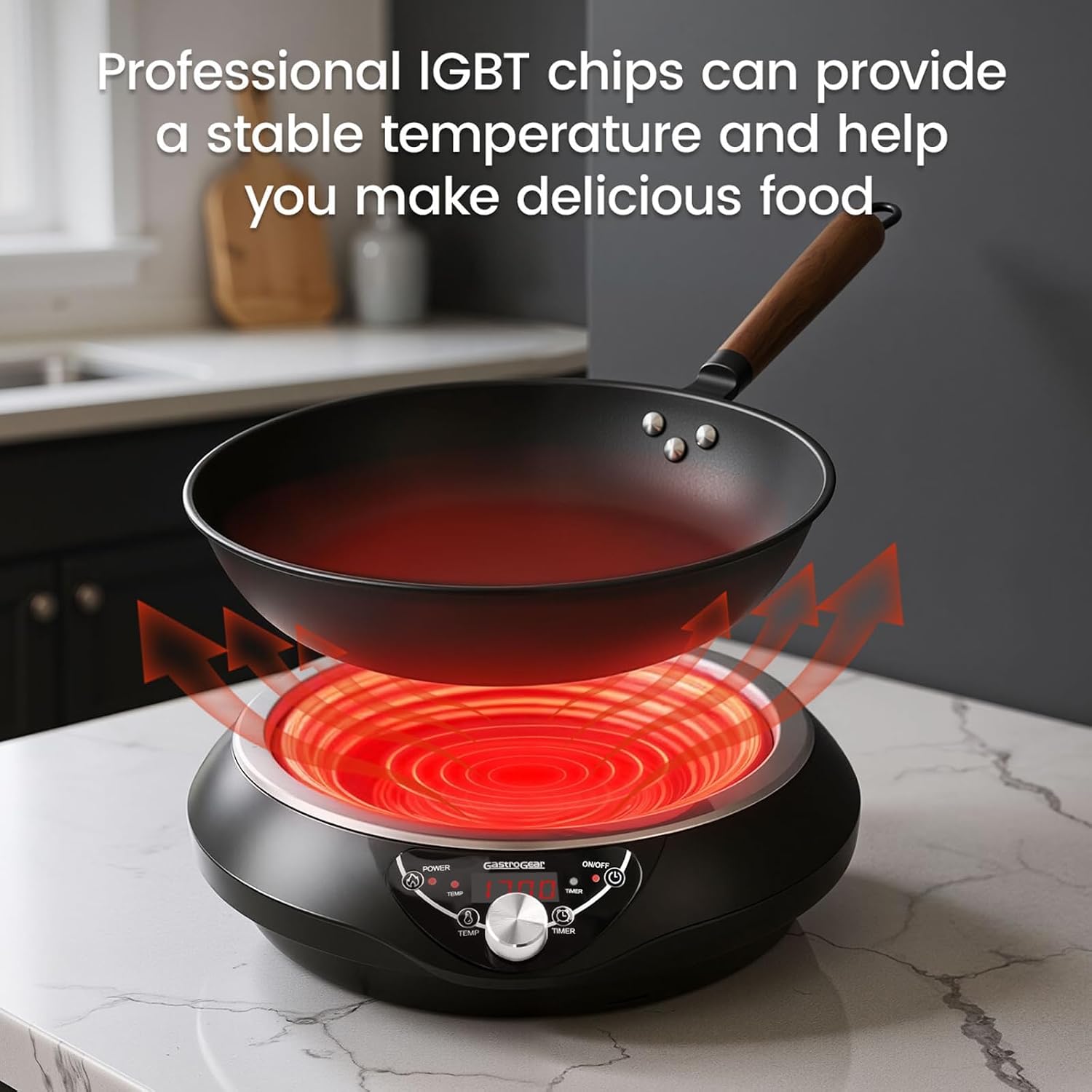 1700W Induction Cooktop with 13.4' Carbon Steel Wok Pan,Lid,Rack,1.97' Deep Curved Concave Electric Stove Burner 16 Watts/temp Precise Ctrl 200~1700W 176°F to 446°F,18H Timer ETL-Listed