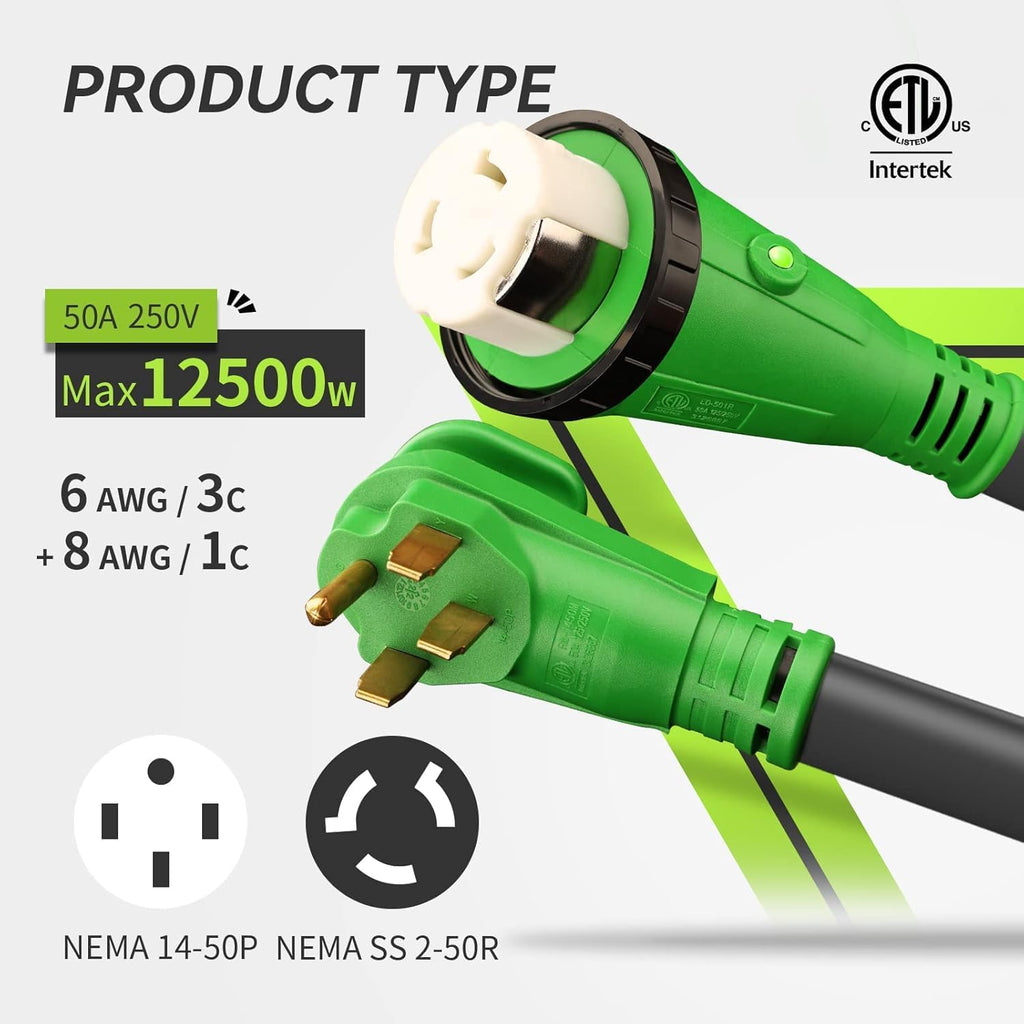 RVMATE 50 Amp 100 Feet RV/Generator Lockable Power Extension Cord, Easy Plug in Handle, 14-50P to SS 2-50R with LED Indicator, ETL Listed