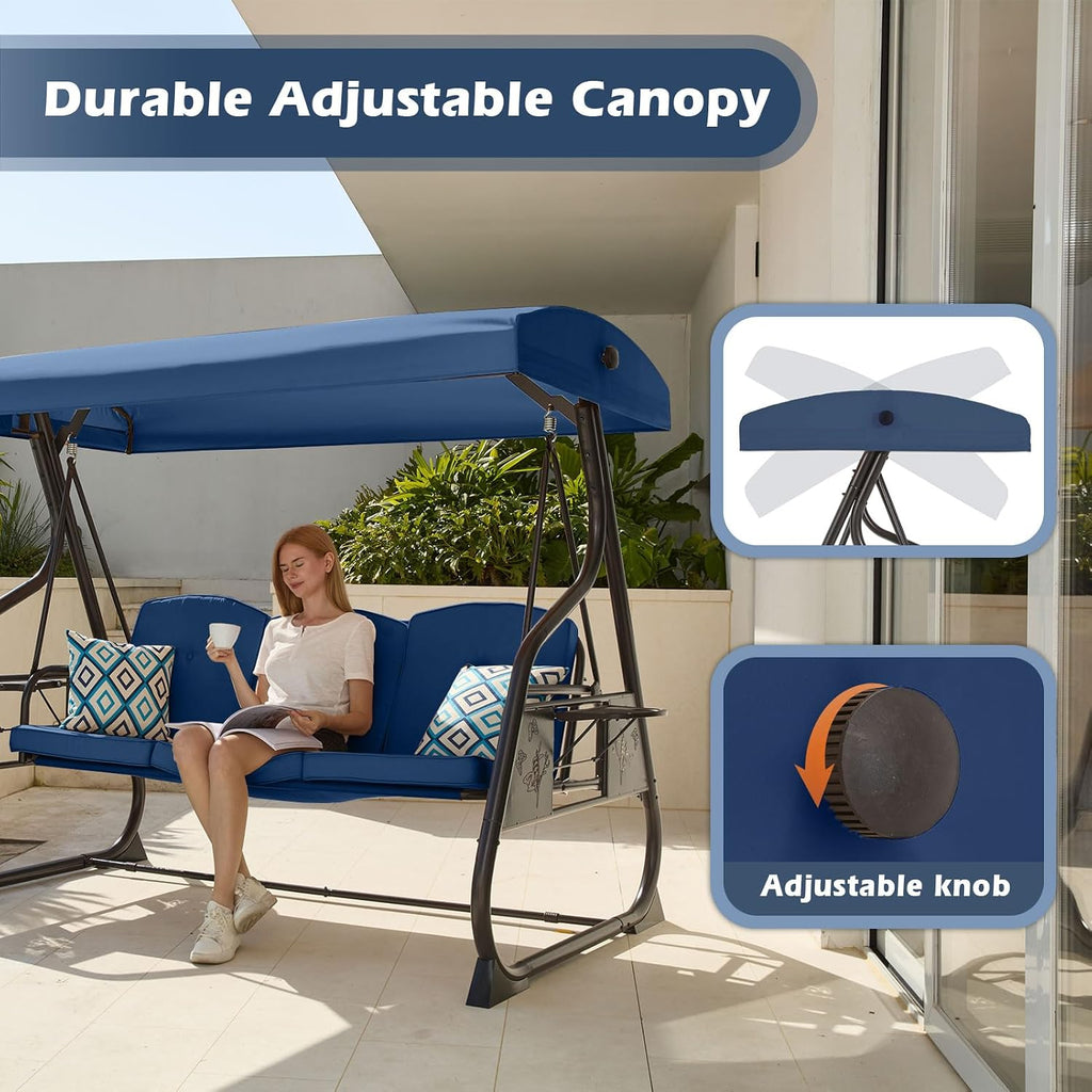 ZZW 3-Seat Patio Porch Swing 800LBS Outdoor Swing with Stand w/Canopy & Adjustable Backrest Patio Glider Chair w/Removable Pillows & Foldable Side Tray for Balcony Garden Deck (Blue)