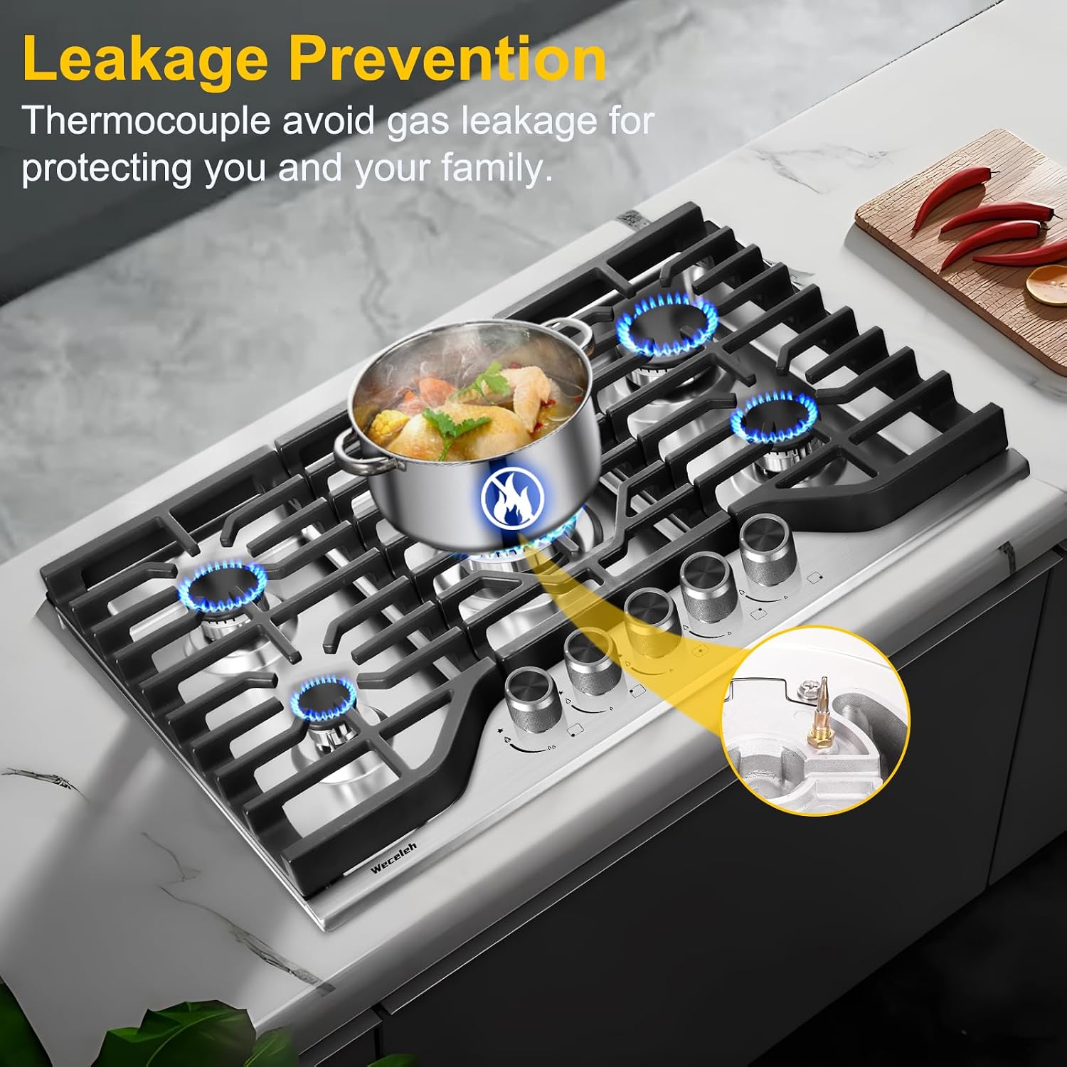 30 Inch Gas Cooktop, Built-in Propane Cooktop with 5 Italy SABAF Sealed Burners, 304 Stainless Steel, Heavy-Duty Cast Iron Grates, NG/LPG Convertible, Ion Ignition, ETL Listed