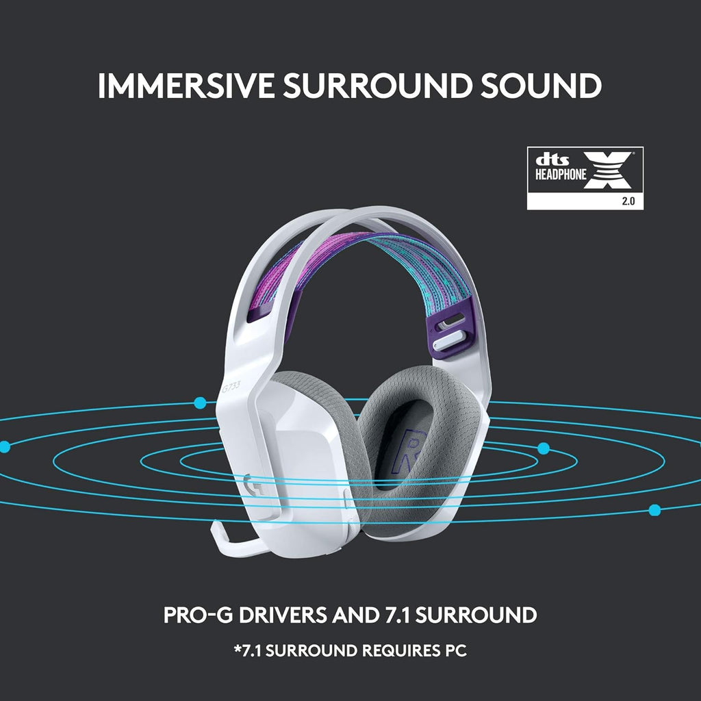 Logitech G733 Lightspeed Wireless Gaming Headset with Suspension Headband, LIGHTSYNC RGB, Blue VO!CE mic Technology and PRO-G Audio Drivers - White