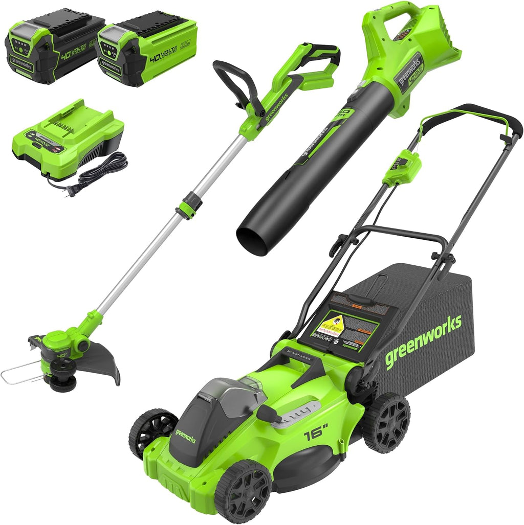 Greenworks 40V 16' Brushless Cordless (Push) Lawn Mower + Blower (350 CFM) + 13' String Trimmer (Bonus Spools), 4.0Ah + 2.0Ah Battery and Charger Included (75+ Compatible Tools)