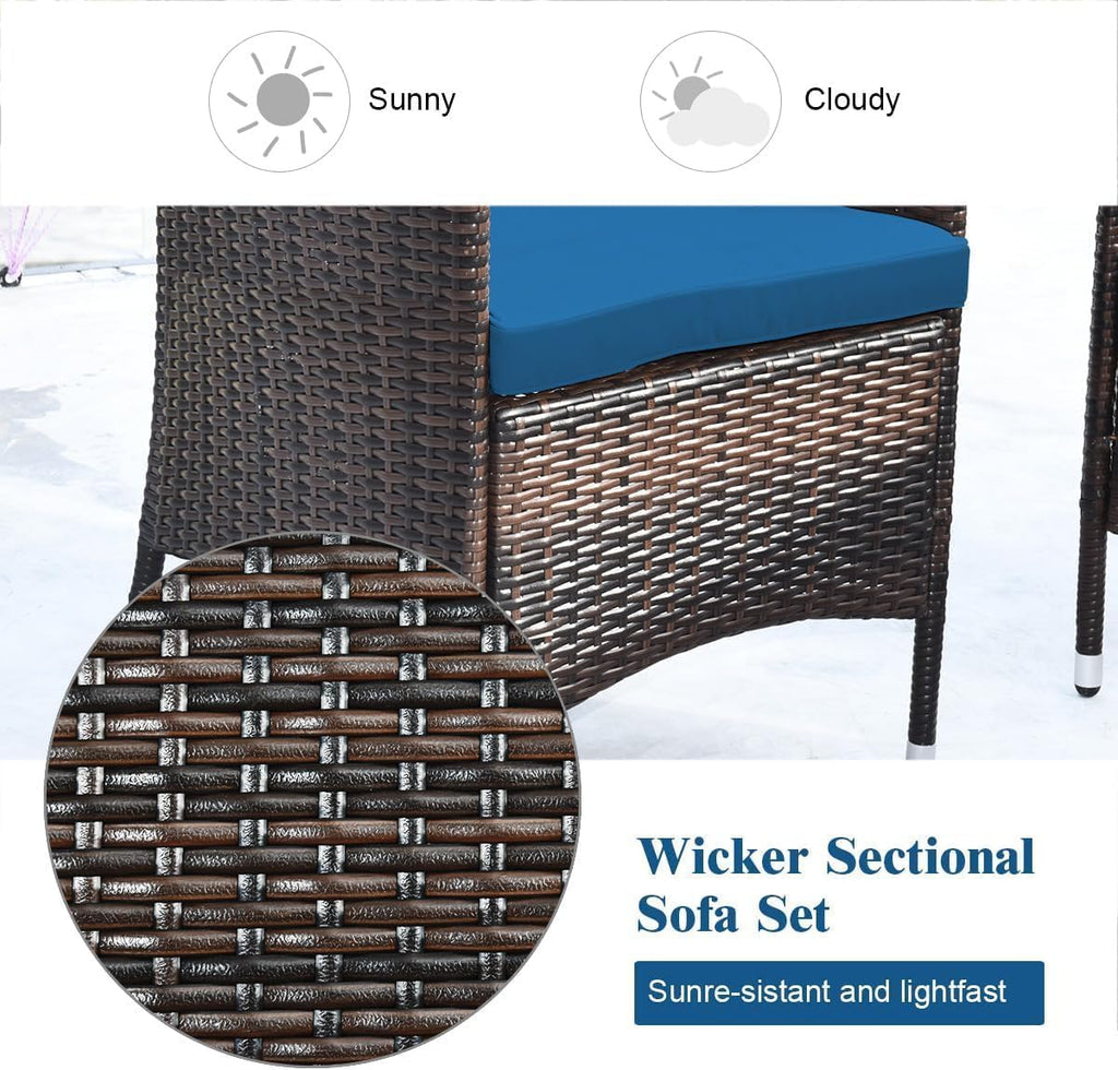 Goplus 4-Piece Rattan Patio Set, Outdoor/Indoor Wicker Conversation Set for Pool, Backyard, Lawn, Wicker Chairs and Sofa with Soft Cushion, Rattan Furniture with Tempered Glass Coffee Table
