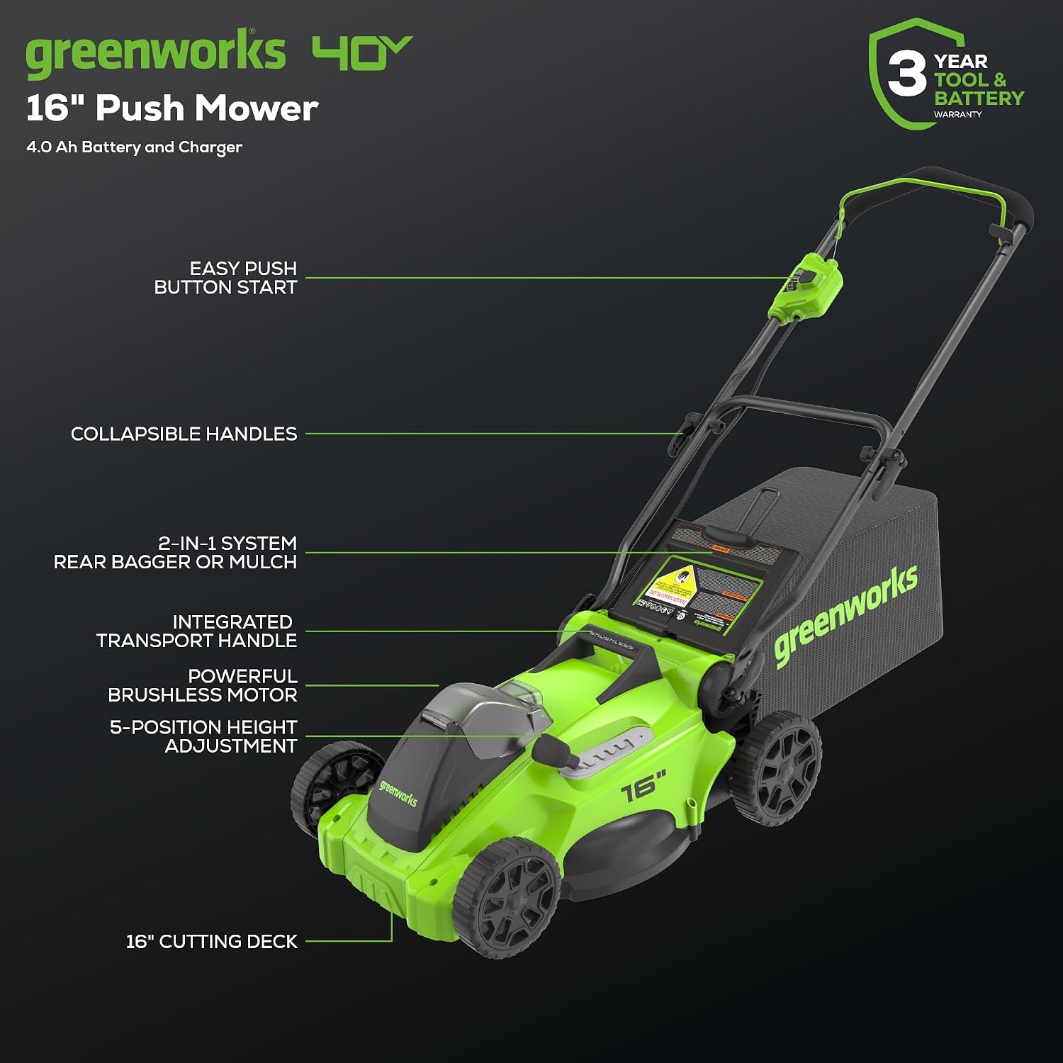 Greenworks 40V 16' Brushless Cordless (Push) Lawn Mower + Blower (350 CFM), 4.0Ah Battery and Charger Included (75+ Compatible Tools)