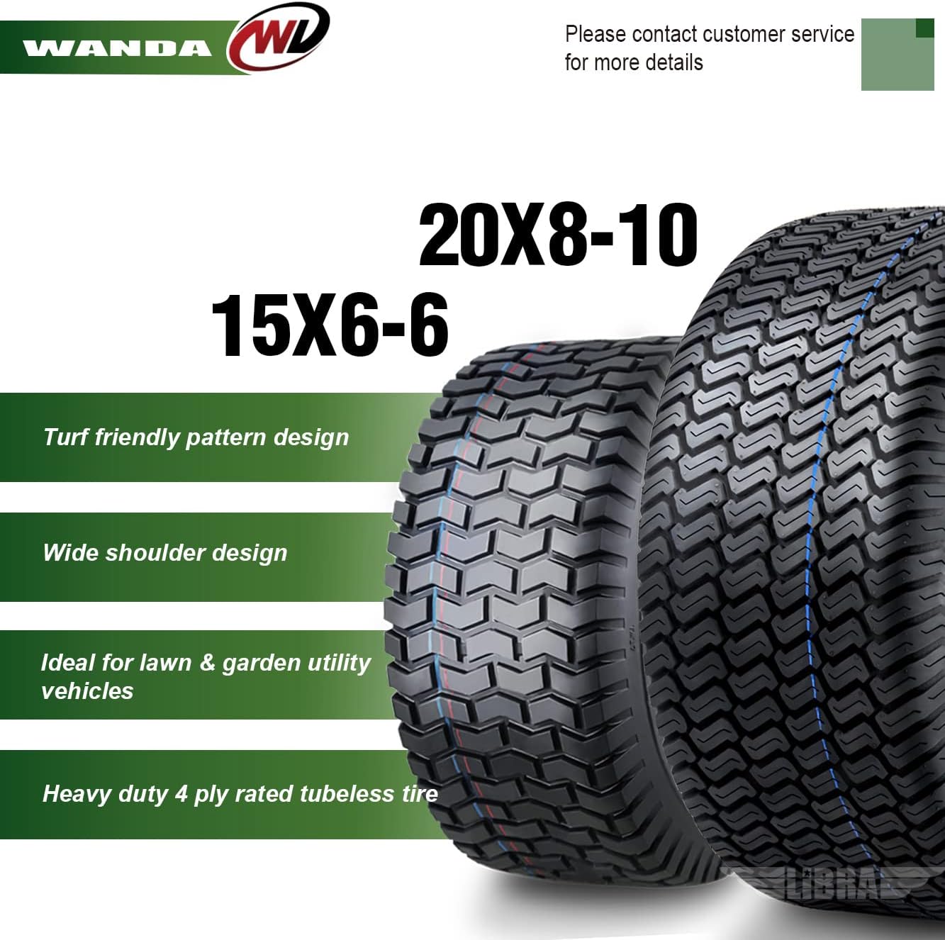 WANDA Set 4 Lawn Mower Turf Tires 15x6-6 Front & 20x8-10 Rear /4PR -13016/13039
