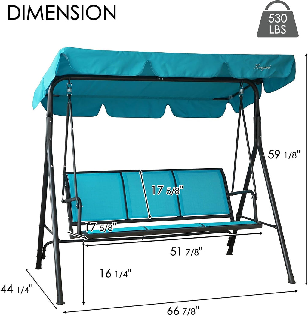 Kozyard 3-Person Outdoor Canopy Porch Swing Chair, Breathable Textilene Armrest Seat, Adjustable Shade, Heavy-Duty Powder-Coated Steel Frame Swing for Patio, Backyard, Poolside & Balcony, Blue