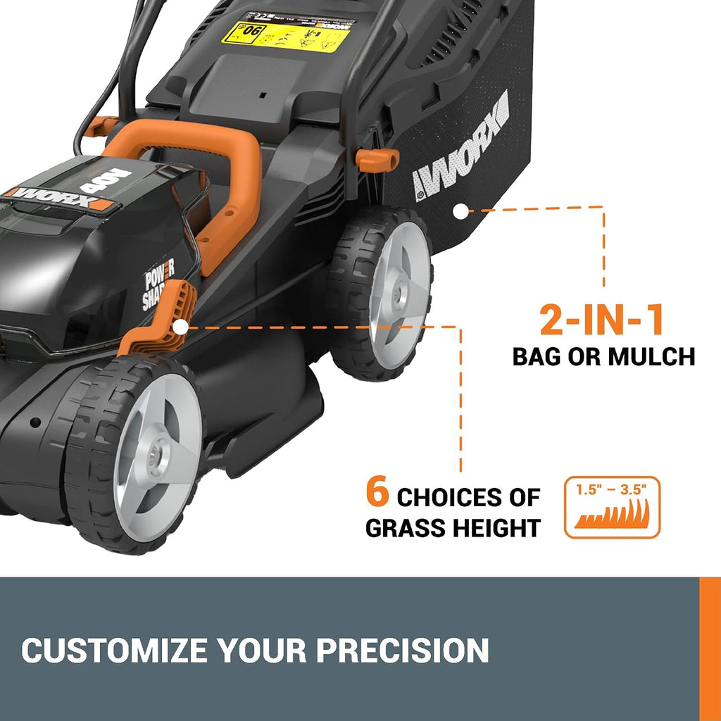 WORX 14' Cordless Lawn Mower, 2 in 1 Electric Mower Cuts Quietly, Compact & Lightweight Push Lawn Mower with 6-Position Height Adjustment for Small Yards, 2 Batteries & Charger Included, WG779