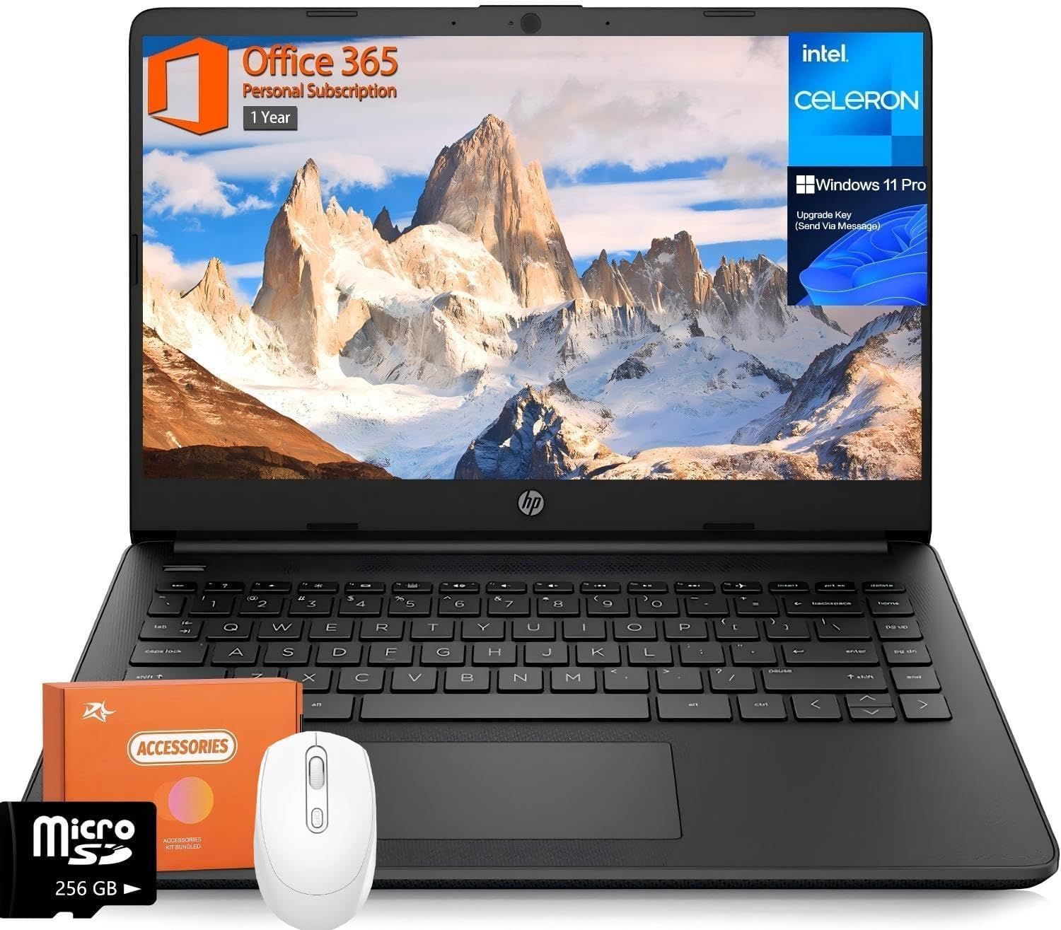HP 14 inch Laptop Student Business, Intel Celeron CPU, 16GB RAM, 384GB Storage(128GB eMMC+256GB MSD), 1 Year Office 365, Intel UHD Graphics, Portable and Lightweight, Windows 11 Pro, W/Mouse