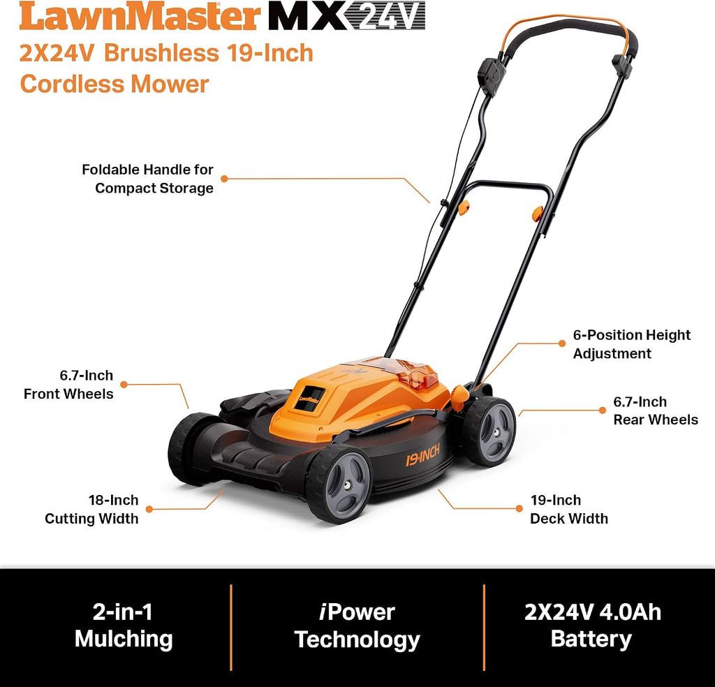 LawnMaster CLMF4819X 19-inch Brushless Cordless Lawn Mower with 2X24V MAX 4.0Ah Battery and a Dual Charger 6 Cutting Position